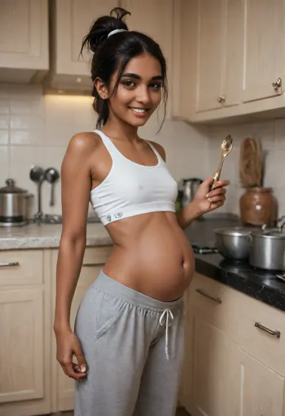 Desi woman, (very_dark_skin:1.8), 30 years old, very tall, traditional clothes, (indian_clothes:1.4), (bindi:1.4), (Playful_smile:1.2), (pregnant:.8), small belly bump, grey pajama pants, white sports bra, Black hair, stray hair, (folded_ponytail:1.2), dark brown lips, dark brown eyes, thin nose, heart shaped face, thick eyebrows, laugh lines, crows feet, Thin, narrow hips, flat chest, brown nipples, straight_waist, long legs, Kitchen, in home, inside, standing beside stove, stirring pot, holding wooden spoon, gesturing, evening, dark setting, Score_8, score_9, alone, candid, pulling pants, bare ass, behind forward, <lora:Ai_Char_Nilima_Shabana:.8>