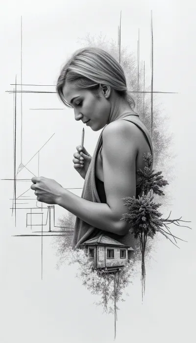 Photorealism, photorealistic, realistic, black and white pencil sketch {depicting a female architect drawn in pencil using lines, drawing a plan with a pencil, old neighborhood, linear sketch, (double exposure), (picture within a picture), lines convey the three-dimensionality of the object, its structure and spatial position, working process using only lines}, highly detailed, ultra-realistic, cinematic lighting, 8K