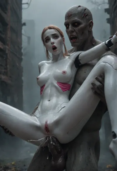 old forest by a castle, highest quality, (fog:1.8), night time, dynamic full body view, Bimbo, (Full robot skin:2.3), android skin, robot Bot, woman, 18 years old, (Skinny:1.4), freckless ON body, bald, cute, cum ON body, (screaming orgasm expression), surprised, (oiled body:1.5), fear face, Robot, Skin, Android, monster penis, penis on pussy, sweating, doggy style sex position, cumming, (full anal penetration:1.9), post-apocalyptic, world, decay, skin, zombie, zombies, cityscape, (((double_penetration))), fucked, hetero holding interspecies zombie mounting, (((ugly, terrifying, (zombie)), ((zombie)), male)), only 2 penis in scene, random sex position, pussy sex, (with spread legs:1.2), (zombieextremely full anal penetration), (excessive cumshot:1.5), (excessive cumshot on the body), (sperm pours all over the body), (excessive cumshot on the legs), ((shocked:1.5)), oiled body melkor mancin style, <lora:robot_skin_XL_1.0.6:2>, <lora:UZombies:2>