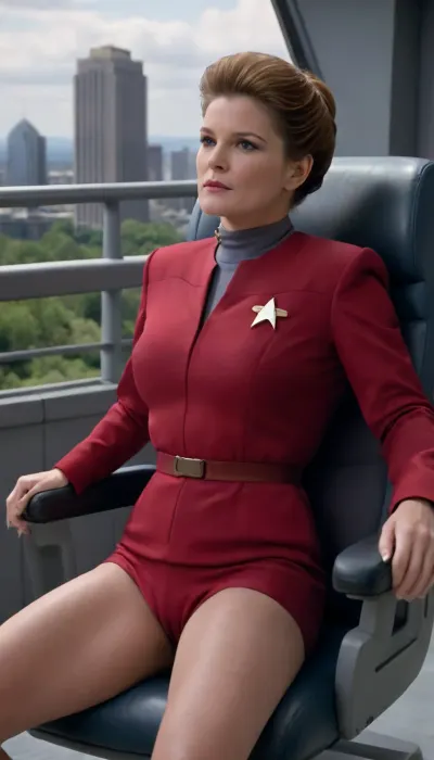 Captain Cathryn janeway, from startrek voyeger, posed sitting in the captain’s chair on the bridge, in uniform, large, breasts, big, boobs, huge, tits, captain_janeway, woman, <lora:bombshell_v2:2>, <lora:captain_janeway_100x100:2>