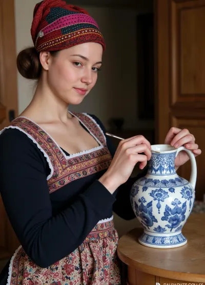 Cinematic photography, {An 18th-century Russian gzhel craftswoman wearing a kokoshnik, sarafan, and apron with embroidery paints a porcelain jug by hand, applying cobalt blue and white paint to create a recognizable pattern of birds, flowers, and leaves} .35 mm, film, bokeh, professional, 4K, high detail, cinematic format, shallow depth of field, film grain, high budget, epic, mood