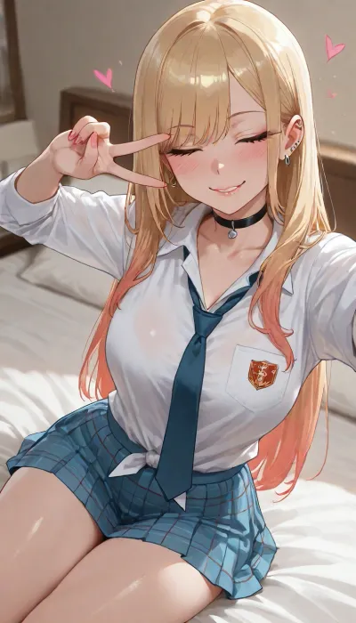 1girl, (kitagawa marin), ((Perfect Hands)), highres, barbell piercing, blue necktie, blush, gyaru, heart, industrial piercing, kogal, small breasts, long hairz, necktie, piercing, pink lips, pink nails, (japan school uniform), solo_focus, on sleeping room, on the bed, miniskirt, ((selfie, sweet face)), NEGATIVE_HANDS