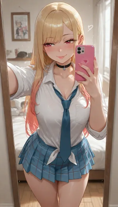 1girl, (kitagawa marin), ((Perfect Hands)), highres, barbell piercing, blue necktie, blush, gyaru, heart, industrial piercing, kogal, small breasts, long hairz, necktie, piercing, pink lips, pink nails, (japan school uniform), solo focus, on sleeping room, miniskirt, ((selfie in the mirror, sweet face)), NEGATIVE_HANDS