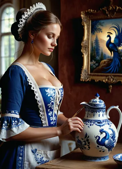 Cinematic photography, {A beautiful Russian female artisan from the 18th century, wearing a kokoshnik, a sarafan with an open chest, and an embroidered apron, paints a large porcelain jug with gzhel, applying a pattern, (double exposure), (picture within a picture), a fairy-tale blue firebird with a magnificent peacock tail, painting with a brush using cobalt gzhel paint on a large porcelain jug} .35 mm, film, bokeh, professional, 4K, high detail, cinematic format, shallow depth of field, film grain, high budget, epic, mood