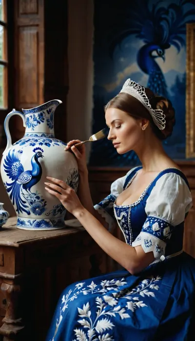 Cinematic photography, {A beautiful Russian female artisan from the 18th century, wearing a kokoshnik, a sarafan with an open chest, and an embroidered apron, paints a large porcelain jug with gzhel, applying a pattern, (double exposure), (picture within a picture), a fairy-tale blue firebird with a magnificent peacock tail, painting with a brush using cobalt gzhel paint on a large porcelain jug} .35 mm, film, bokeh, professional, 4K, high detail, cinematic format, shallow depth of field, film grain, high budget, epic, mood