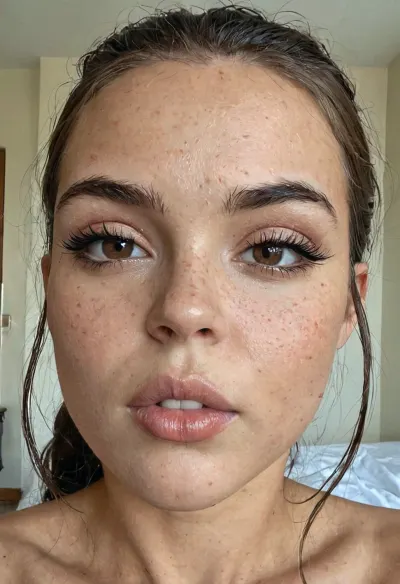 (extreme macro close-up on massive pouty lips:1.6), (duck face pout dominant:1.4), (extremely accurate face from reference:1.4), selfie portrait of a stunning 19-21 year old seductive Italian brunette girl, perfectly accurate face, warm olive-toned Mediterranean skin with natural subtle texture visible micro-pores faint natural freckles across nose and upper cheeks soft natural glow, heart-shaped youthful face with high soft cheekbones gentle rounded jawline no sharpness, huge expressive almond-shaped dark brown eyes intensely staring directly at camera with heavy bedroom arousal vibe, very long thick curled voluminous black lashes, precise sharp winged black eyeliner with perfect flick, thick perfectly arched natural eyebrows high arch slight lift at tail, small refined straight nose delicate bridge subtle tip, insanely full plump massive pouty lips, (1.45 weight), extremely prominent voluminous duck-face pout slightly parted showing hint of upper teeth glossy dark nude-brown lipstick high shine lip gloss defined deep cupid's bow prominent philtrum sexy wet look, seductive intense duck lips expression confident aroused pout biting lower lip subtly, long silky straight jet-black to dark brown hair, (almost black), perfectly smooth glossy no waves no frizz framing the face falling straight past shoulders mid-part natural fall, ultra detailed realistic skin pores subtle imperfections natural makeup look heavy on lips and eyes, photorealistic raw photo quality 8k sharp focus intricate details cinematic lighting soft side light warm indoor tones rim light on hair and cheekbones, shot on Canon EOS R5 85mm f/1.2 lens shallow depth of field creamy bokeh, (seductive pouty lips:1.25), (dark brown eyes:1.2), (long straight dark hair:1.15)