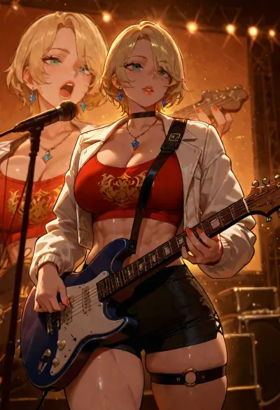 score_9, score_8_up, score_7_up, russian, anastasia_from_russia, highres, 1girl, abs, black_choker, black_shorts, blonde_hair, breasts, choker, cleavage, collarbone, crop_top, cropped_shirt, earrings, electric_guitar, eyelashes, green_eyes, guitar, guitar_strap, holding, holding_guitar, holding_instrument, instrument, jacket, large_breasts, lips, microphone, midriff, music, nail_polish, navel, necklace, o-ring, o-ring_thigh_strap, open_clothes, open_jacket, parted_bangs, parted_lips, projected_inset, red_lips, red_shirt, short_hair, shorts, singing, solo, stage, stage_lights, thigh_strap, toned, toned_female, white_jacket