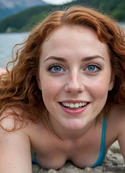 Women irish 45 years old curly light red very long hair. Laying on here back on a beach on a lake in the background the alps. Blue big eyes. Angular face. No makeup. White skin tone with freckles. jubby body. Big smile. Closeup view of pussy. Wears a blue mini string panty. Pubic hair can be Seen.