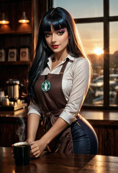 (Reiq style), (18 year old), (18yo), solo, 1girl, alone, ultra HD, masterpiece, high resolution, best quality, UHD 8K, extreme realism, maximum detail, (Beautiful college girl), 5’2” tall, slender, beautiful face, (long hair:1.2), (long jet black hair with bangs and long straight pigtails), straight hair, (pale skin:1.2), eyeliner cleopatra style, beautiful face, slender legs, (small a-cup breasts), small round butt, French manicure, perfect hands, detailed eyes, detailed skin, detailed hands, brown eyes, —————————————————————————————————————, Wearing barista uniform with, (white shirt), black pants, apron, ——————————————————————————————————————, (handing coffee to viewer:1.4), smiling, sexy posture, ——————————————————————————————————————
Working in cozy coffee shop, shallow depth of field, dim light, golden hour, sunset, cinematic, photorealistic, 85mm lens, ultra-high resolution, green, eyes, blue, brown, perfecteyes, <lora:add-detail-xl:1.7>, <lora:Detailed_female_hands-000001:.8>, <lora:dark:.1>, <lora:PerfectEyesXL:1.3>