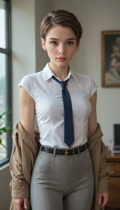 1girl, solo, Chinese girl, short pixie hairstyle, youthful suave face, bling ear stud, tight button shirt, skinny necktie, grey pants, bra silohette, neat professional office wear, coat, fashionable women belt, expensive watch, proud look, 4ng3l, face, <lora:SDXL_BetterFaces-LoRA_v1:2>