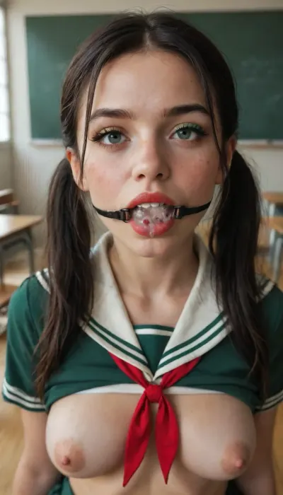 18 year old petite girl from school with straight long black hair, pigtails, wearing school uniform open in front, in the classroom, green eyeliner, cum all over face, freckles, red lipstick, young face, big red plastic shiny massiv ball gag, big puffy swollen areolas and puffy nipples