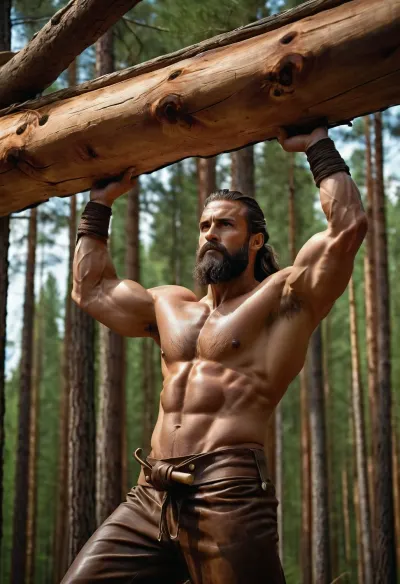 Photorealistic, realistic, Swedish Viking builder, very muscular, wearing leather trousers and bare-chested, assembling a wooden frame of a traditional longhouse from logs at the edge of the forest, highly detailed, natural lighting, shallow depth of field, bokeh
