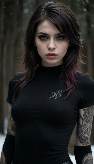 (Black tribal tattoos), (Black shirt:1.3), snowstorm, blizzard, petite student, Pale skin, Skinny, small tits, skinny, ripped revealing clothes, goth, Small tits, full body view, Tinymodel, young, pretty young, 20 years old, perfect face, bright green eyes, cute, closeup, petite body, pink lipstick, full body photo, beautiful face, anna, <lora:xl_more_art-full_v1:.9>, <lora:Anna:.9>, <lora:CinematicStyle_v1:.8>, <lora:dark:.1>