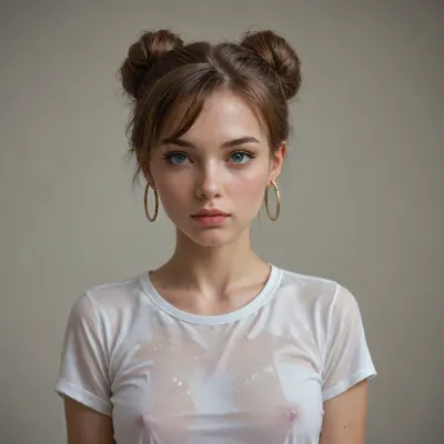 misty from Pokemon, high bun, hoop earrings, small boobs show through wet white t shirt