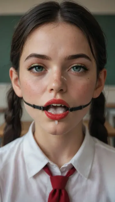 18 year old petite girl from school with straight long black hair, pigtails, wearing school uniform, in the classroom, green eyeliner, cum all over face, freckles, red lipstick, young face, big red plastic shiny massiv ball gag