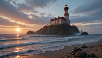 A dark and stormy ocean at night with powerful waves crashing. In the middle of the ocean, there is a large rock formation with a lighthouse standing on top. The lighthouse shines a bright beam of light through the darkness, illuminating the stormy night sky