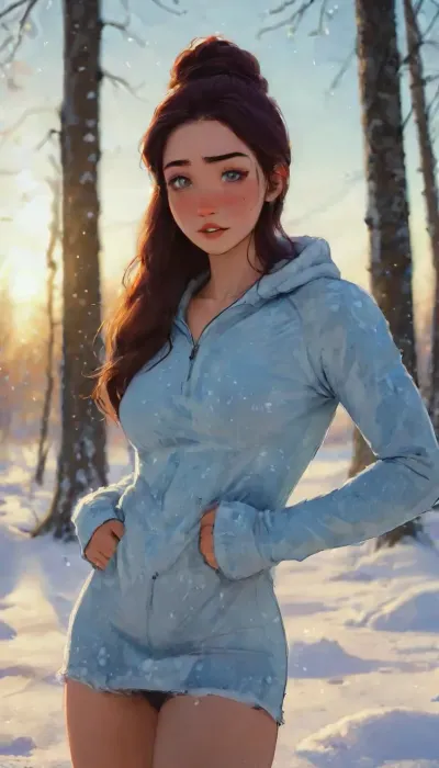 Andava, Andavaverse. Enjoying The Snow With The Family.

ANGELIA PELO ROTH, Italian-Korean, petite woman, Height 5'3, A confident young woman with wavy shoulder-length hair dyed in rich two-tone purple with slight magenta-highlights, parted slightly to the side, bright grey eyes, left eyebrow piercing. She has a toned body, small breasts, athletic midriff exposed. She's wearing Nike Hoodie, black panties, She accessorizes with a black choker around her neck, a thick black sweatband on one wrist, Her expression is confident and playful, slightly smug or teasing.The aesthetic is alt-girl, modern streetwear with punk/grunge influence.
Background Sunset, perfect winter snow photo, Cinematography, arctic, snow, golden hour, deep photo, depth of field, 35mm photo, film, bokeh, professional, 8k, highly detailed.
perfect anatomy, best quality, insane details, intricate details, hyperdetailed, hyper quality, ultra detailed, HDR, ray tracing reflection, cinematic lighting, highlydetailedbody, realisticface, highlydetailedhair, perfectfingers, insanelydetailed, 8K.highdetailedskin, highresolution, (j_cartoon:1.5), Drawing, uberfit, muscular, athletic