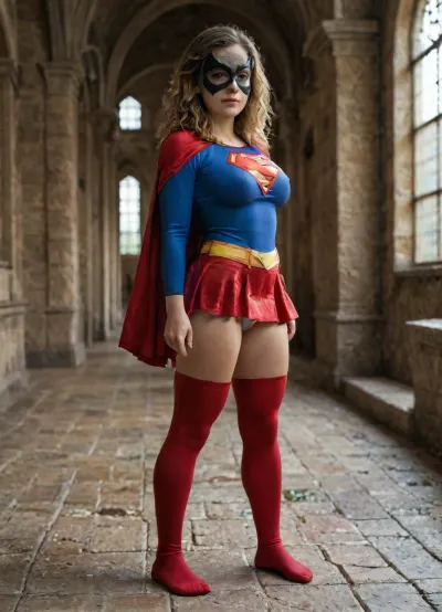 Scope_9, score_8_up, score_7_up, 4k photorealistic, detailed harry potter background, side view, full body view, Hermine Granger from harry potter, Hermine Granger from harry potter costume, looking to viewer, (sexy superman mask:1.3), voluptuous body figure, 90-60-90 hourglass body figure, far too tight transparent latex top reveals deep cleavage to generous bust, sexy apple sized ass with plump buttocks, far too short and far too tight transparent latex mini skirt hugging her plump buttocks, thigh highs, winking, fully clothed, erect nipples under clothes, long sleeves, thick thighs, cameltoe, panties, pussy juice, muscular female, highly detailed stunnung beautiful face, gryffindor, uniform, emblem, black, robe, slytherin, hufflepuff, ravenclaw, quidditch, elbow, protections, armor, trausers, red, light, blue, dark, green, yellow, mooning, <lora:detailed_notrigger:1.1>, <lora:LCMTurboMix_Euler_A_fix:.9>, <lora:harry_potter_v1:1.4>, <lora:mooningv2_SDXL:2>