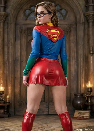 Scope_9, score_8_up, score_7_up, 4k photorealistic, detailed harry potter background, rear view, full body view, Hermine Granger from harry potter, Hermine Granger from harry potter costume, looking to viewer, (sexy superman mask:1.3), far too tight transparent latex top reveals deep cleavage to generous bust, sexy apple sized ass with plump buttocks, far too short and far too tight latex mini skirt hugging the buttocks, thigh highs, winking, fully clothed, erect nipples under clothes, long sleeves, thick thighs, cameltoe, panties, pussy juice, muscular female, highly detailed stunnung beautiful face, gryffindor, uniform, emblem, black, robe, slytherin, hufflepuff, ravenclaw, quidditch, elbow, protections, armor, trausers, red, light, blue, dark, green, yellow, mooning, <lora:detailed_notrigger:1.9>, <lora:LCMTurboMix_Euler_A_fix:.9>, <lora:harry_potter_v1:1.5>, <lora:mooningv2_SDXL:2>