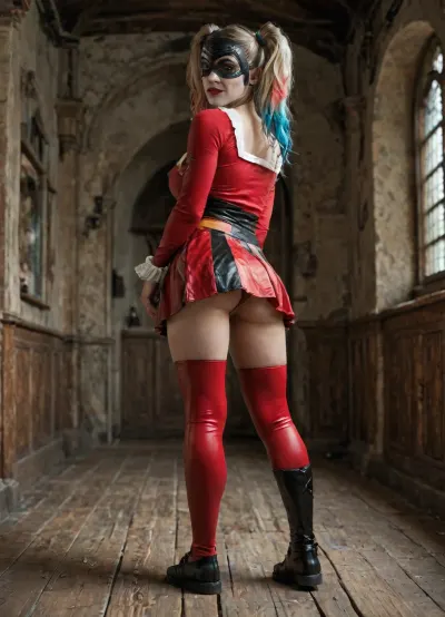 Scope_9, score_8_up, score_7_up, 4k photorealistic, detailed harry potter background, upskirt rear view, full body view, Hermione Granger from harry potter look alike, Hermione Granger from harry potter costume, looking to viewer, (sexy Harley Quinn mask:1.3), voluptuous body figure, 90-60-90 hourglass body figure, far too tight transparent latex top reveals deep cleavage to generous bust, sexy apple sized ass with plump buttocks, far too short and far too tight transparent latex mini skirt hugging her plump buttocks, thigh highs, winking, fully clothed, erect nipples under clothes, long sleeves, thick thighs, cameltoe, panties, pussy juice, muscular female, highly detailed stunnung beautiful face, gryffindor, uniform, emblem, black, robe, slytherin, hufflepuff, ravenclaw, quidditch, elbow, protections, armor, trausers, red, light, blue, dark, green, yellow, mooning, <lora:detailed_notrigger:2>, <lora:LCMTurboMix_Euler_A_fix:1.5>, <lora:harry_potter_v1:1.5>, <lora:mooningv2_SDXL:2>