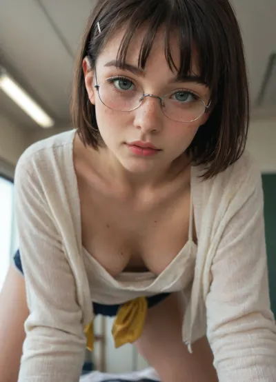 masterpiece, marlen, score_9, score_8_up, score_7_up, 1girl, close up, from below, leaning forward, sexy pose, all fours, (downblouse), breast focus, nipple focus, sharp nipple, (body freckles, pale skin, blush), (40yo, gorgeous girl, hot wife, wide hips), (loose low cut blouse), natural small breasts/ soft breasts, saggy breasts, hangers, hanging tits, tan lines, stretch marks, (cleavage, one nipple slip, large areola), (curly dark-brown bob cut hair, glasses with black rim), dappled light, good lighting, volumetric lighting, well lit room, very aesthetic, subsurface scattering, natural skin texture, realistic skin texture, detailed skin texture, skindentation, (nipple visible), kirigaya, suguha, green, eyes, black, hair, short, bob, cut, blunt, bangs, ornament, hairclip, school, uniform, serafuku, sailor, collar, grey, sweater, long, sleeves, skirt, pleated, yellow, neckerchief, red, jacket, track, shirt, dolphin, shorts, <lora:SDXL_LORA_CHARACTER_KIRIGAYA SUGUHA_V1A:.1>