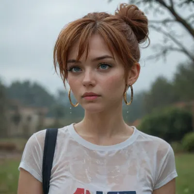 misty from Pokemon, high bun, hoop earrings, big boobs show through wet white t shirt