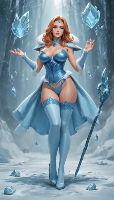 (reiq style), Dota 2, (crystal maiden from Dota 2:1.2), (ice Mage:1.3), (magical pose:1.5), adult woman, 22 years old, full-length, orange hair, blue eyes, beautiful face, big breasts under a red corset, stockings with garters, beautiful underwear, (huge hips:.6), Ice staff in hand, white fur hood, cold, (eroticism:1.6), <lora:cartoon_stickers_xl_v1:1.2>, <lora:ratatatat74-000050:.8>