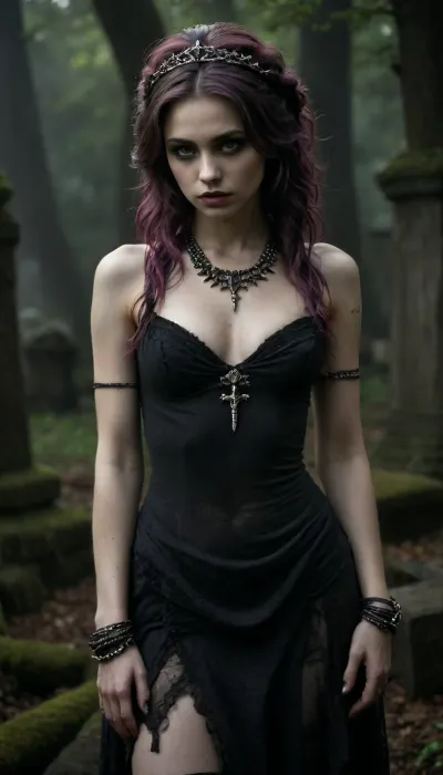 petite student, Pale skin, Skinny, small tits, skinny, ripped revealing clothes, goth, Small tits, full body view, Tinymodel, young, pretty young, 18 years old, perfect face, bright green eyes, cute, closeup, petite body, pink lipstick, full body photo, beautiful face, anna, (Masturbating:1.4), A girl with anthracite-colored hair pulled back in an elaborate coiffure of intertwined dreadlocks decorated with baked clay beads and tiny silver pendants stands in the middle of an abandoned cemetery in the thick night. With her Little breasts, narrow waist and Narrow hips, her figure is wrapped in a draping fabric in warm golden tones, reminiscent of the ancient veil of a priestess — the material shimmers in the moonlight, exposing the curves of her body and creating a contrast between sacred aesthetics and sensual appeal. A face with sharp cheekbones, a high forehead, and full lips the color of ripe cherries looks both fragile and dangerous, the eyes are lined with black eyeliner that accentuates the greenish sparkles in the irises, and on the bridge of the nose you can see a thin vertical tattoo line that turns into a pattern on the forehead. A Gothic tiara of blackened silver with spikes and amethyst inserts crowns her head, combined with massive bracelets made of bone and turquoise, tiered obsidian beads and a necklace with an inverted crescent pendant. On the neck and wrists there are traces of ritual incisions, covered with amulets with engraved runes. She leans over the sagging headstone, resting her palm on the marble slab covered with moss and cracks, and her fingers, with their long nails painted black, touch the names carved on the stone. A wicked grin plays on her lips, revealing fangs with drops of blood-red luster, and sparks of witchfire flicker in the depths of her pupils. Shadows swirl around her, taking on the shapes of ravens and smoke, and a semi-transparent haze snakes under her feet, in which you can guess the silhouettes of skeletons. The moonlight filtering through the clouds sets off her figure, emphasizing both fragility and menace, sexuality and mystical power — she is like the embodiment of an ancient spell that attracts the eye with its demonic grace and promise of forbidden secrets., <lora:xl_more_art-full_v1:.9>, <lora:Anna:.9>, <lora:dark:.2>
