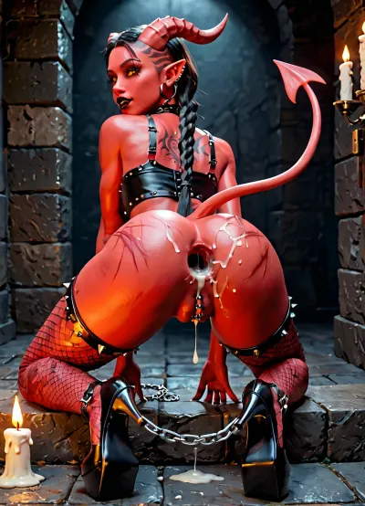 Best quality, masterpiece, UHD, 4K, dungeon background, chains on the walls, torture room, candles, cultic interior, one female succubus, black succubus tail, hourglass body, black demonic wings, showing ass, (whip marks on ass:1.1), wearing fishnets stockings, (demonic armored heels:1.2), (demonic black breast armor:1.2), no panties, (gaping asshole:1.2), cum on asshole, chain inside asshole, feminine face, long black braided hair, (face and body piercing:1.2), (pussylips piercing:1.3), (demonic tattoos on whole body:1.2), (red skin tone:1.2), beautiful face, demon look, red eyes, big teardrop shaped tits, big round ass, perfect shaped buttcheeks, wide hips, hipdips, 4ng3l, face, longnv, 1girl, dragon, <lora:SDXL_BetterFaces-LoRA_v1:.8>