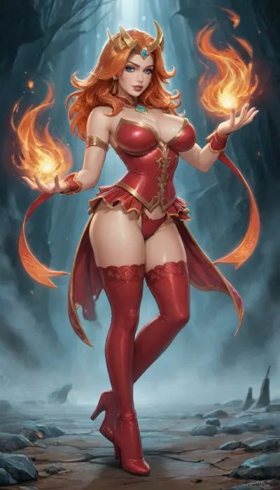 (reiq style), Dota 2, (Lina from Dota 2:1.2), (Fire Mage:1.3), (magical pose:1.5), adult woman, 22 years old, full-length, orange hair, blue eyes, beautiful face, big breasts under a red corset, stockings with garters, beautiful underwear, (huge hips:.6), fire, (eroticism:1.6), <lora:cartoon_stickers_xl_v1:1.2>, <lora:ratatatat74-000050:.8>