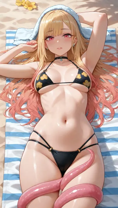 Marin Kitagawa, black bikini with yellow flowers, pink tentacles, tentacles wrapped around legs, ((sunbathing on a beach towel)), (((lying on her stomach))), (((front view in front of her head))), ((towel with vertical blue and white stripes)), rating, blonde hair, (((no penetration))), small breasts, solo, choker, ear piercings, bangs, jewelry, earrings, long hair, pink eyes, combed bangs, on the beach, scared, <lora:White_Pink_Tentacle_Slime-000007:.8>, <lora:White_Slime_Remastered_-_Anime:.8>