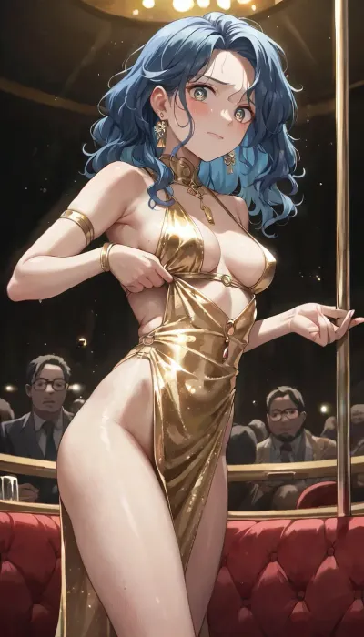 best quality, anime, 20 year old girl with long blue hair, medium breasts, gold stripper clothes, pulled offstage by customers, strip club, afraid