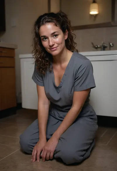 38yo woman, nurse wearing thick grey scrubs, grey scrub medical long skirt, square head, lovely soft mom body, messy long brunette loose curly hair, tied into a messy ponytail, freckles, no makeup, brown eyes, half asleep, very tired, squatting on floor, disheveled, been working all night, needs a bath, needs a break, smiling gently, kindly with a twinkle in her eye