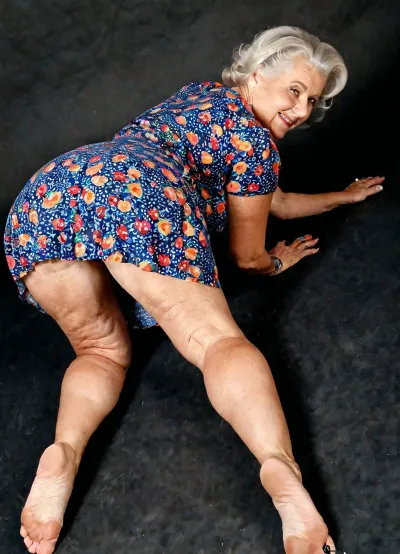 Very old very curvy casual grandmother spreads her legs, studio background, on all fours, retro colored patterns dress, hairstyle High detailed photo, high quality photo, professionnal photographer, different angles and views