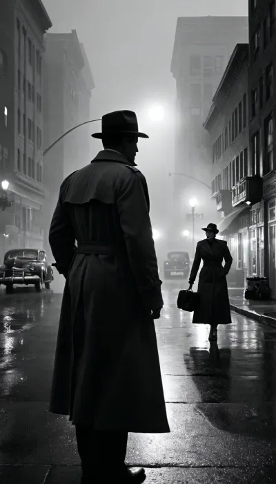 Noir, b&w, 1940's in the twilight hours, Sam Spade on a foggy San Francisco street, downtown, a man in a trench coat watches a second story window, where a backlit silhouette of a woman is being attacked by a dark figure.