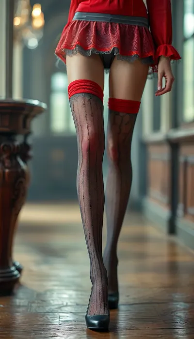 (Pantyhose thigh high gray lace fishnet pattern with, (red top trim)), (masterpiece, best quality, high resolution:1.1), fluxenh4nce, <lora:add-detail-xl:.7>, <lora:MJ52:.8>, <lora:BUT_SDXL_SHS:1>, <lora:FLUXEnh4nce:.8>