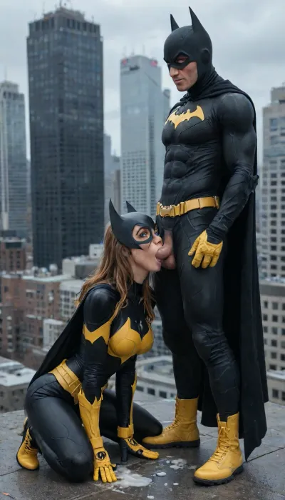 Photorealism, hyper-realistic, 8k, UHD, sharp, masterpiece, highest resolution, photography, spiderman, (full spiderman Outfit:1.8), Standing with batgirl, She is deepthroating spiderman, (very deepthroat:1.8), (excessive cum in mouth), (full batgirl Outfit:1.8), on roof of a skyscraper, Look over new York, full Body view, woman, sucking, a, cock, batman, <lora:photorealistic_portrait_notrigger:2>, <lora:WTS - WhatTheSuck - v1:2>