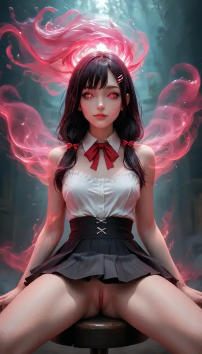 Charming petite girl, (charming red eyes, bright glowing pupils:1.5), Night, ultra detailed, HD, (visible naked shaved pussy no panties, beautiful pussy), dynamic pose, (bright glowing white aura:1.5), (aura around body:1.5), Rory Mercury, 1 girl, Gorgeous 35-year-old girl, masterpiece, 8K, realistic, detailed body, correct female anatomy, clothed, looking at viewer, smiling, demonstrating vagina visible from below, solo, brown eyes, black hair, hair clip, white collared shirt, pleated skirt, black lace thigh-high stockings, sitting spread legs, walking, rorymercury, black gothic dress with red elements, gothic dress, fluffy dress, bow on head, black bow with red ribbons at the edges in gothic style, long black hair, Artnthrmg, Aura, Jellyfish, eyes, Woman, Glow, <lora:zavy-hrglw-sdxl:2>, <lora:DetailedEyes_V3:2>, <lora:artfullyNETHERMAGE-000015:2>, <lora:RoryMercury_xl:2>, <lora:HandFineTuning_XL:2>