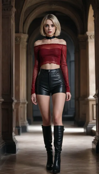 1 Girl, (25 Years old, FULL BODY, Clonated face, Extremely beautiful face), (Small breasts, Neat figure, Sturdy legs, Shapely legs, Petite), (Big grey eyes, Glowing eyes), (Short hair, Bob cut, Blonde), ., (In the dark palace of death), (Red off-the-shoulder crop top, mesh blouse over the top, black fitted leather pants, black fitted asymmetrical knee-high combat boots), (EXTREM LONG SHOT, FULL BODY, FROM HEAD TO TOE, PANORAMIC SHOT OF HER)
