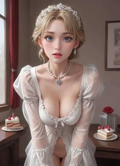 A stunningly beautiful blonde fairytale Princess shining with Royal Pomp and Regal Splendor, (happy laughing face:1), (big beautiful natural saggy low hanging breasts:1.5), wearing a Stately and, (((Elaborate))), Royal Cinderella off-shoulders Ballgown of Silver and White Brocade, with, At Catherine's ball, Count Orlov brings a huge cake, and Tsarina Ekaterina appears from the cake, ((58 years old, MILF)), (completely naked, attractive), ((over-detailed professional photography)), masterpiece, photorealism, SLR camera, best quality, best resolution, with UHD resolution, perfect composition, combination of light and shadows, the brightest image, clear focus, depth of field, perfect body, large breasts, perfectly detailed skin texture, perfect symmetrical face, (perfectly detailed sparkling blue eyes), 32K, 30mm lens, 1/250 s, f/2.8, ISO 300, perfect breasts, perfect face with the inscription "fuck me", perfect lips, symmetrical face, long eyelashes, diamond necklace, (shaved pussy visible), no panties, a body in oil, ((peeks out of a huge birthday cake)), (((enormous puffed sleeves))), a stiffly boned, padded and corseted bodice, translucent dress an hourglass waist, a, (((huge crinoline hoopskirt))), and, (((bustle))), adorned with ribbons, bows, roses, lace, ruffles, frills, embroidery, and jewels, elaborately curled and styled hair, long white gloves, pearl and diamond necklace and earrings, downblouse, nipslip, <lora:RealDownblouseXL2:1>, (Jack cayless art style:.7), cartoon, low color palette, painted, illustration, made in illustrator, no gradients, incase style, sharp outlines, warm low palette, realistic lighting, (j_cartoon:1.5), Drawing, <lora:ratatatat74-000050:.9>, <lora:outline_xl_kohaku_delta_spv5x:.5>, <lora:cartoon_stickers_xl_v1:.6>, <lora:NEOTOKIOXL_0.2_RC:.4>
