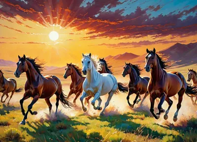 Hyperrealism
Impressionist painting {hint, a huge herd of galloping horses on the Mongolian steppe at sunset, oil painting, brushstrokes visible}. Free style of painting, bright colors, play of light and shadow, conveying emotion through form.