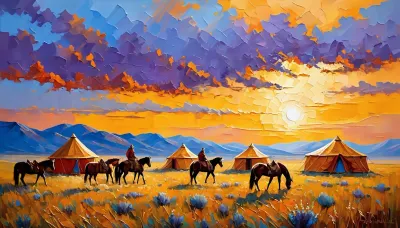 (oil painting:1.7), (Textured and loose style:1.7), (Impasto:1.7), (Thick and rough brushwork1.7), The setting sun paints the horizon in shades of orange, gold, and purple, bathing the entire steppe in a warm glow, There is a striking contrast between the vast blue of the sky and the fiery sunset, A herder dressed in a traditional deel guides a herd of horses. The atmosphere is peaceful, as the horses head home after grazing for the day, The piece uses an impasto technique, the horses' coats, the three-dimensional depth of the clouds, Landscape, An endless expanse of steppe stretches toward distant mountains, ((((with small gers)))), ((((traditional nomadic tents)))), scattered in the background.