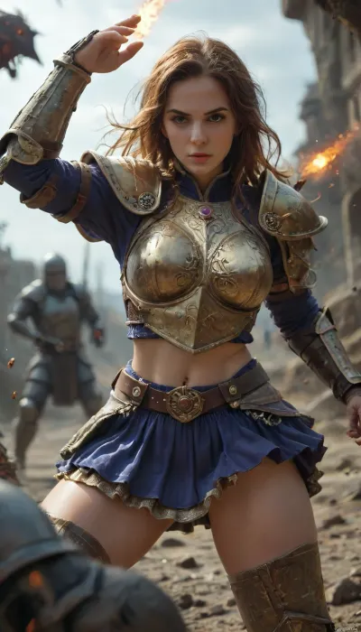 Anime art style, fantasy vibe, RPG, FEMALE knighT, (luscious hair), most luxurious knight armor, gold laces, jewels, ((exaggerating armour designs)), (bright neon colours), ((enhanced metallic texture)), skirt, (((detail face))), fighting stance, combat, battle, monsters goblins, 4ng3l, face, <lora:SDXL_BetterFaces-LoRA_v1:1.2>, <lora:style_lora_realis:1.8>