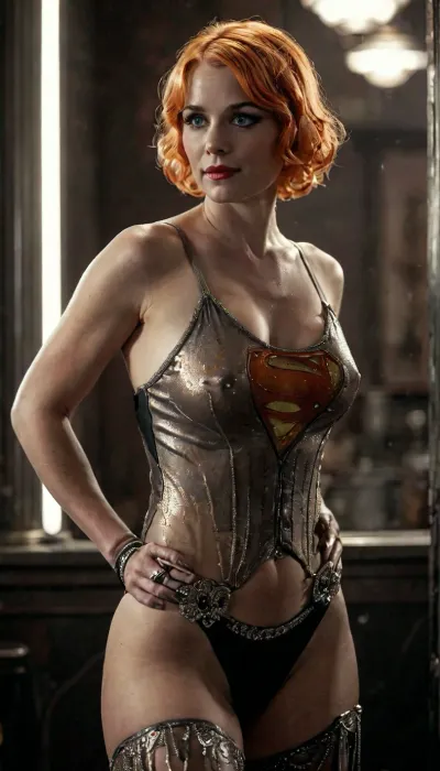 ASSIGNMENT, in 1923, take an award-winning noir-ish photo of a sexy busty gorgeous 58-year-old MILF with graying light orange hair in a cinematic Superman costume, BREAK.

COSTUME, (cinematic “Superman” costume with iconic “S” shield and 1920s noir aesthetics:1.8), earrings, BREAK.

FACE, (58 years old), mature, (very full, rounded face), wide heptagon face, detailed face, chin up, straight nose, (enormous blue eyes), some wrinkles, expressive eyes, long eyelashes, a wide welcoming smile, maternal, ((perfect big square teeth)), creamy white skin, ((lots of soft freckles)), big moist lips, makeup, looking at viewer, eye contact, (1920s-style makeup), BREAK.

BODY, 58 years old, soft lush curvy body carrying a few extra pounds, naturally sagging body, creamy skin, lots of freckles, detailed natural skin with age spots and freckles and a few wrinkles, detailed realistic skin with pores and blemishes and hair follicles, full waist, wide hips, (detailed very large natural breasts with enormous areolae and big puffy nipples), D cup, nice rounded ass, perfect hands, handslora, BREAK.

HAIR, (graying light orange hair), (vintage 1920s style:1), full wavy hair, graying hair, ((gray/orange hair)), thick short curly hair, short hair, detailed hair, BREAK.

LOCATION, (bokeh), 1920s downtown New York City, (grayscale background), BREAK.

POSE, standing, hero shot, central focus, (show from thighs up:1.7), BREAK.

AESTHETIC, (strong 1920s vibe:1.8), score_9, score_8_up, score_7_up, solo, cinematic, 8K, hyper realistic, BREAK.

TEMPLATES, but, clothes, braless, Wearing, that, make, sense, with, Braless>, a, movie, frame, of, in, the, style, sin-city, <lora:add-detail-xl:2>, <lora:BUT_SDXL_SHS:1>, <lora:MJ52:2>, <lora:bralessSDXL_v1_00022:1.4>, <lora:sin-city-sdxl-v1-000050:2>