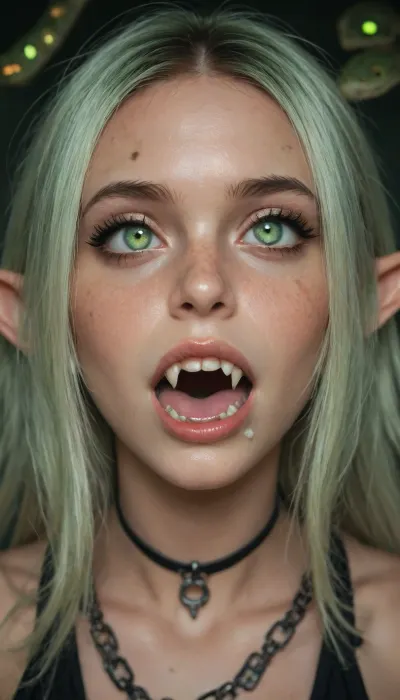 (petite sexy gothic), elf ears, (masquera:1.2), (drooling, rolling eyes, moaning), (growing sharp snake fangs:1.2), vampire fangs, freckles, bright eyes, bright green eyes, glowing eye, Snake eyes, (snake pupils:1.3), <lora:SG2:.8>