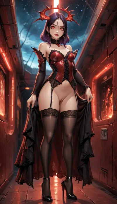 Charming petite girl, (Multicolour red_purple Hairstyle), (charming eyes, bright glowing pupils:1.5), Night, (flatchest:1.1), (1 extremely beautiful girl standing in a spaceship with red lighting:1.3), dark, chiaroscuro, low-key, UHD 8K, extreme realism, maximum detail, Gothic girl, cute, charming girl, looking directly at the viewer, a light inviting smile, slender figure, black+red Long satin transparent dress, dress with ragged edges, beautiful elastic ass, sexy feminine hips, sexy legs, small breasts in lace armor bra, in red armor corset, black sexy lace stockings, torn stockings, red glowing pupils, visible naked pussy no panties, all in black+red shades, black+red eyes, black+red makeup, black+red jewelry, black+red glowing background, multicolour glossy black+red, reiq style and Jack cayless art style, Cosmic fantasy artwork of an adult celestial empress squatting, <lora:LCMTurboMix_Euler_A_fix:1.4>, <lora:DetailedEyes_V3:2>, <lora:add-detail-xl:2>, <lora:SDXL Detail:2>, <lora:好吃米-混合控制:2>