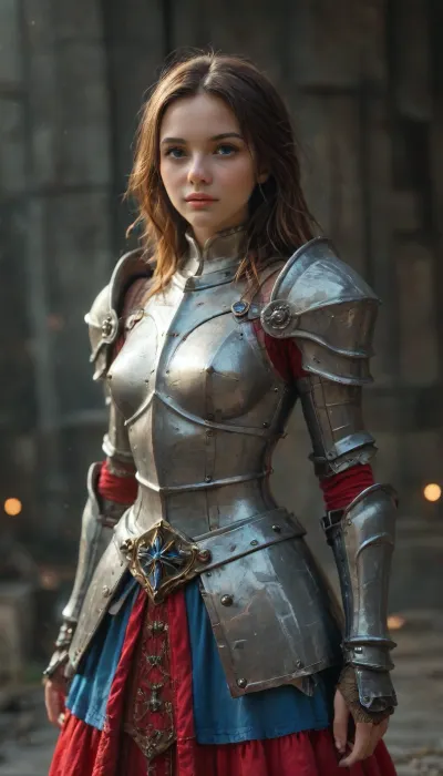 Anime style art, magical vibe, knight girl, (erotical), most erotic knight armor, ((exaggerating original armour designs)), (neon colour scheme), fantasy, RPG, ((enhanced metal texture)), skirt, cheerful, youthful, (((detail face))), 4ng3l, face, <lora:SDXL_BetterFaces-LoRA_v1:1.2>, <lora:style_lora_realis:1.8>