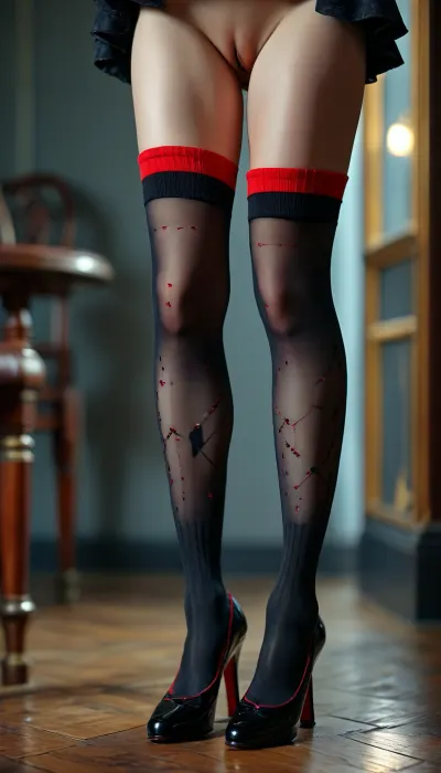 (Knee socks, nylon, black geometric pattern, red seam), (masterpiece, best quality, high resolution:1.1), view of legs and high heels, <lora:add-detail-xl:1.2>, <lora:MJ52:.8>, <lora:BUT_SDXL_SHS:.8>