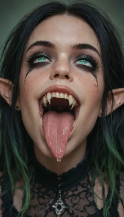 (petite sexy gothic), elf ears, (masquera:1.2), ((glamorous goth makeup)), (drooling, rolling eyes, moaning), A lot of drool, (growing sharp snake fangs:1.2), vampire fangs, heterochromia, freckles, bright eyes, Different colored eyes, one green eye and one red eye, complete heterochromia, glowing eye, Heterochromia iridis, zavy-hrglw, <lora:SG2:.8>, <lora:zavy-hrglw-sdxl:.8>