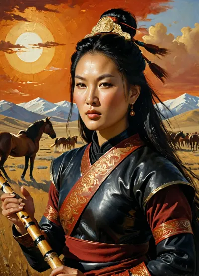 Portrait of a Mongolian woman, oil painting, traditional style, canvas texture, chiaroscuro, rich colors, (masterpiece), (high quality), (picturesque detail), (painting), (ultra-detail), (oil painting style), (Mongolian warrior woman), (broad flat face with prominent cheekbones, narrow almond-shaped eyes), on horseback, (sharp focus), (oil painting), (dynamic pose), (intense gaze), (narrative lighting), (setting sun lighting), 1.5, (in Mongolian leather plate armor), black armor with gold accents, Mongolian weapon in a sheath on the thigh, graceful, wearing a Mongolian bokke hat, hair blowing in the wind, (playing the Mongolian zuru flute with her lips:1.2), (strong and determined), on a massive horse, part of the horse's muzzle visible in the foreground, (third-person view), (a herd of horses around watching the Mongolian woman playing the zuru:1.2), (sunset), (herd of horses in the steppe in the background:1.2), at sunset, (orange and red tones), (sharp shadows), (deep contrast), (atmospheric), (epic), (fantasy art), masterpiece, 8K, (realistic eyes, delicate facial features, painted in oil painting style), clscoilCE_style, Frank, Frazetta, fantasy, oil, painting, art, author, Oilpaintingbrushstrokes, Sargent, style, John, Singer, <lora:Oil_painting:1.1>, <lora:sargent:.8>